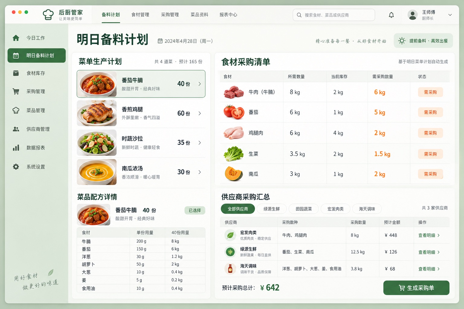 餐饮备料界面:菜单份数、食材需求、库存缺口和供应商采购单